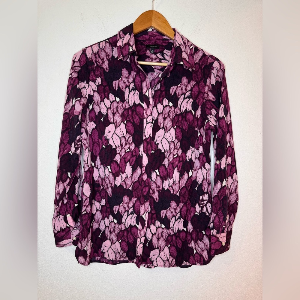 Talbots Purple Leaf/Feather Print Button Down Shirt